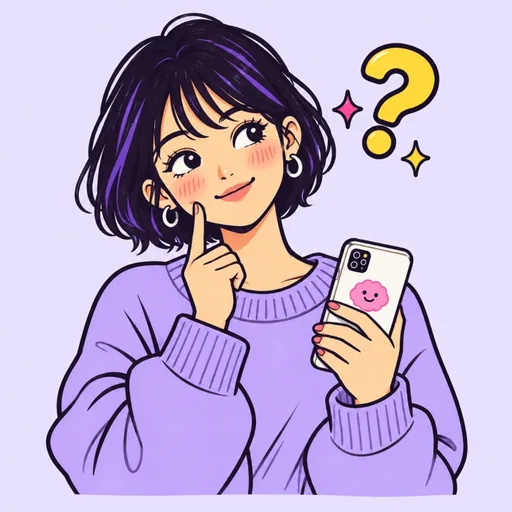 首をかしげながらスマホを手にする紫の服の女性