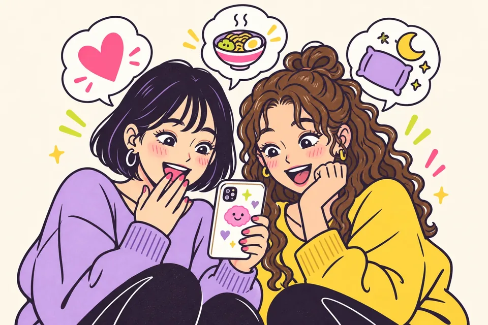 友だちとスマートフォンの診断結果を見て、笑い合うふたりのイラスト