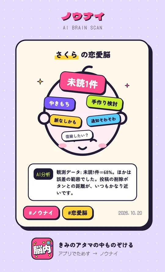 恋愛脳診断の作例。さくらの恋愛脳は「未読1件」が68%で、やきもち、手作り検討、脈なしかも、通知そわそわ、復縁したい？が並ぶシェア画像