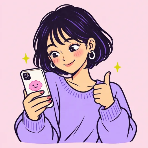 スマホの結果を見て納得し、親指を立てる紫の服の女性