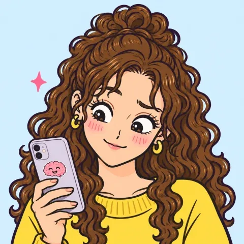 スマホの意外な結果に興味をひかれる黄色の服の女性