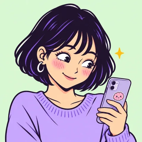 スマホの結果を見て照れた笑顔を浮かべる紫の服の女性