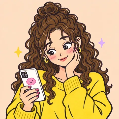頬に手を添えながらスマホの結果を楽しむ黄色の服の女性