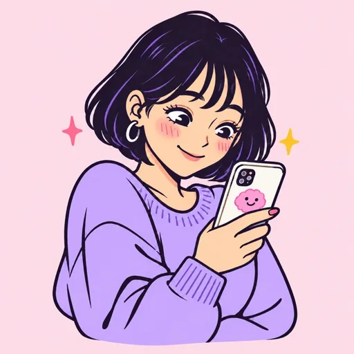 スマホの診断結果を見て、ひとりでにやっと笑う女性